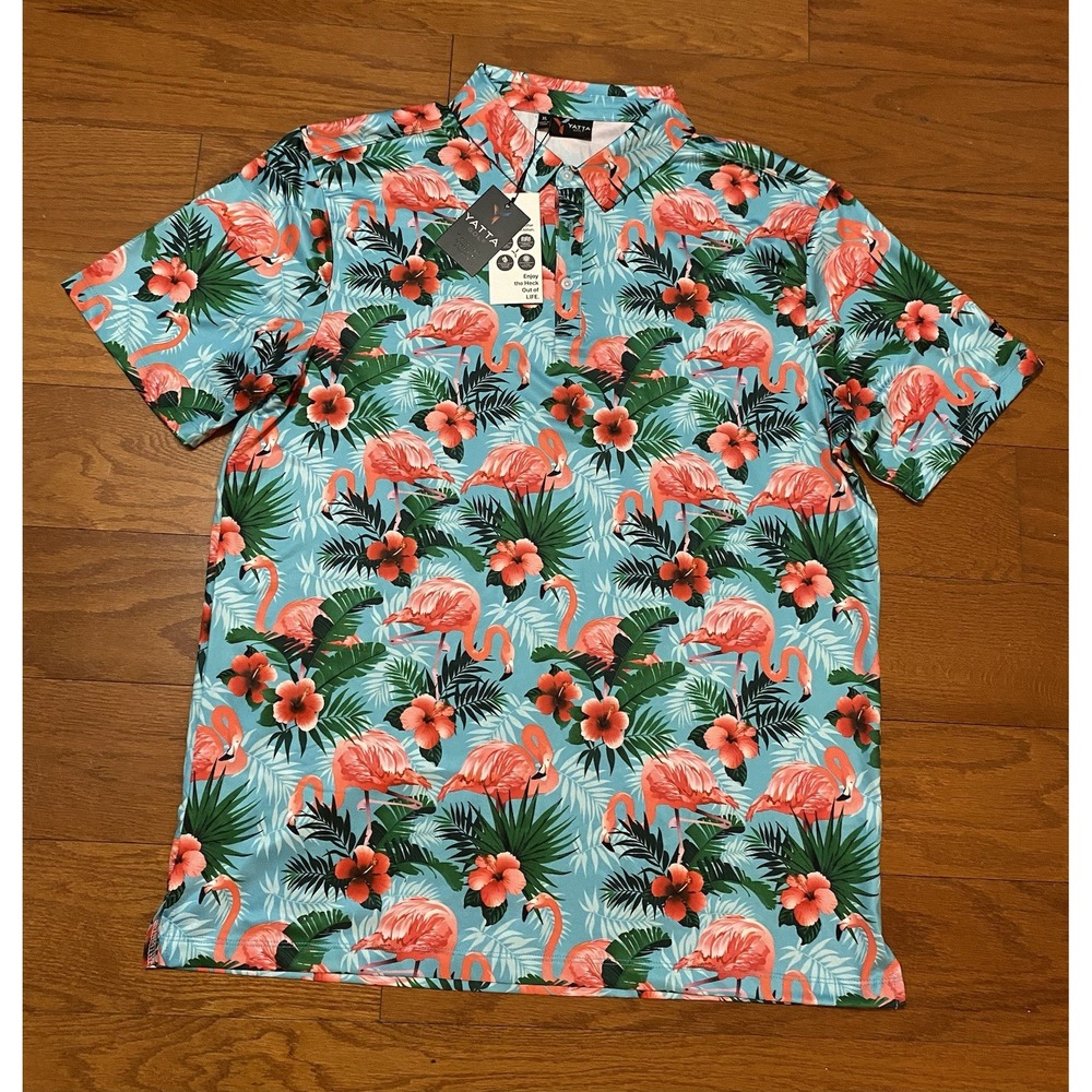 Yatta Men's Flamingo All Over  Print Golf Performance Short Sleeve Polo Shirt XL